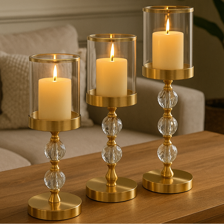 Set 3 suporturi lumanare tip sfesnic, Zola, insertii de oglinda, dimensiuni diferite 18/34.5/41 x 12 cm, sticla/metal, auriu