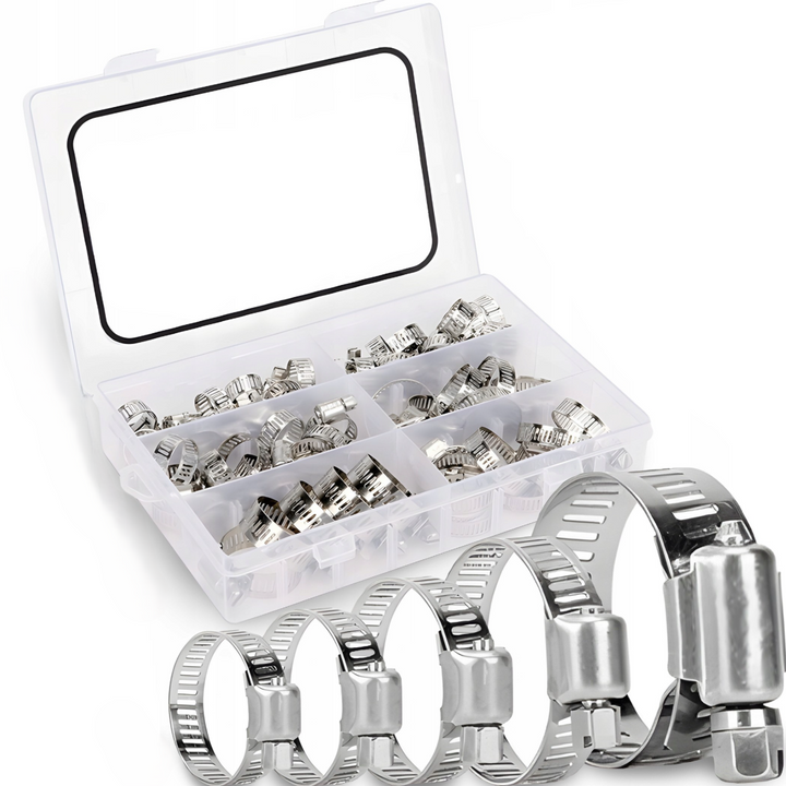 Set 34 coliere metalice de strangere, Zola, 6 marimi 16-32 mm, cu surub, cutie depozitare, argintii