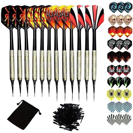Set 12 sageti dart, Zola, 100 varfuri de rezerva, 42 pene colorate, modele diferite, saculet depozitare, 15 x 4.6 x 3.6 cm, multicolore