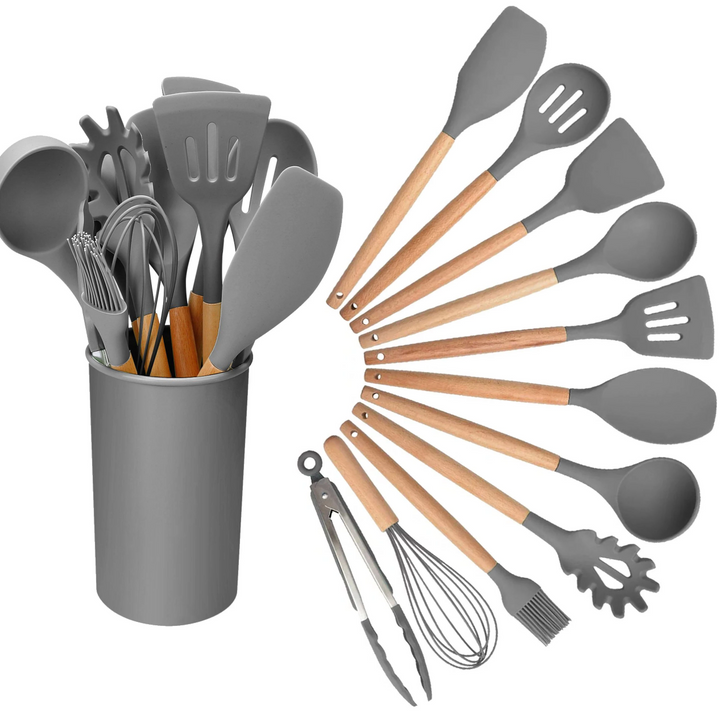 Set 11 ustensile de gatit, Zola, din silicon cu maner rezistent din lemn, rezistente la temperaturi inalte, suport de depozitare, gri