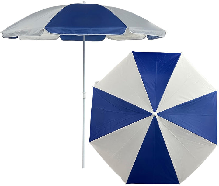 Umbrela pentru plaja, Zola, reglabila, inaltime maxima 180 cm, diametru 160 cm, unghi de inclinare ajustabil, alb/albastru