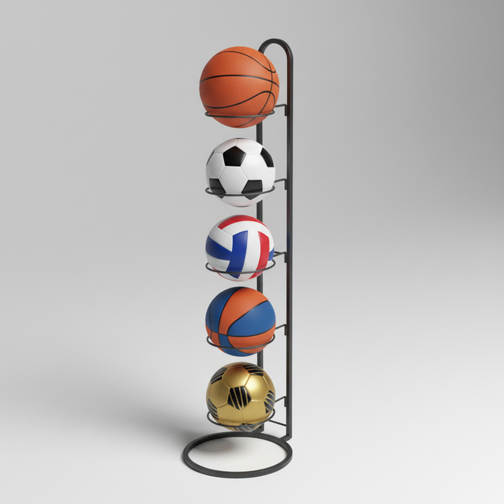 Suport vertical pentru mingi, Zola, 5 spatii, metal, pentru fotbal/baschet/volei, 23.5 x 115.5 cm, negru