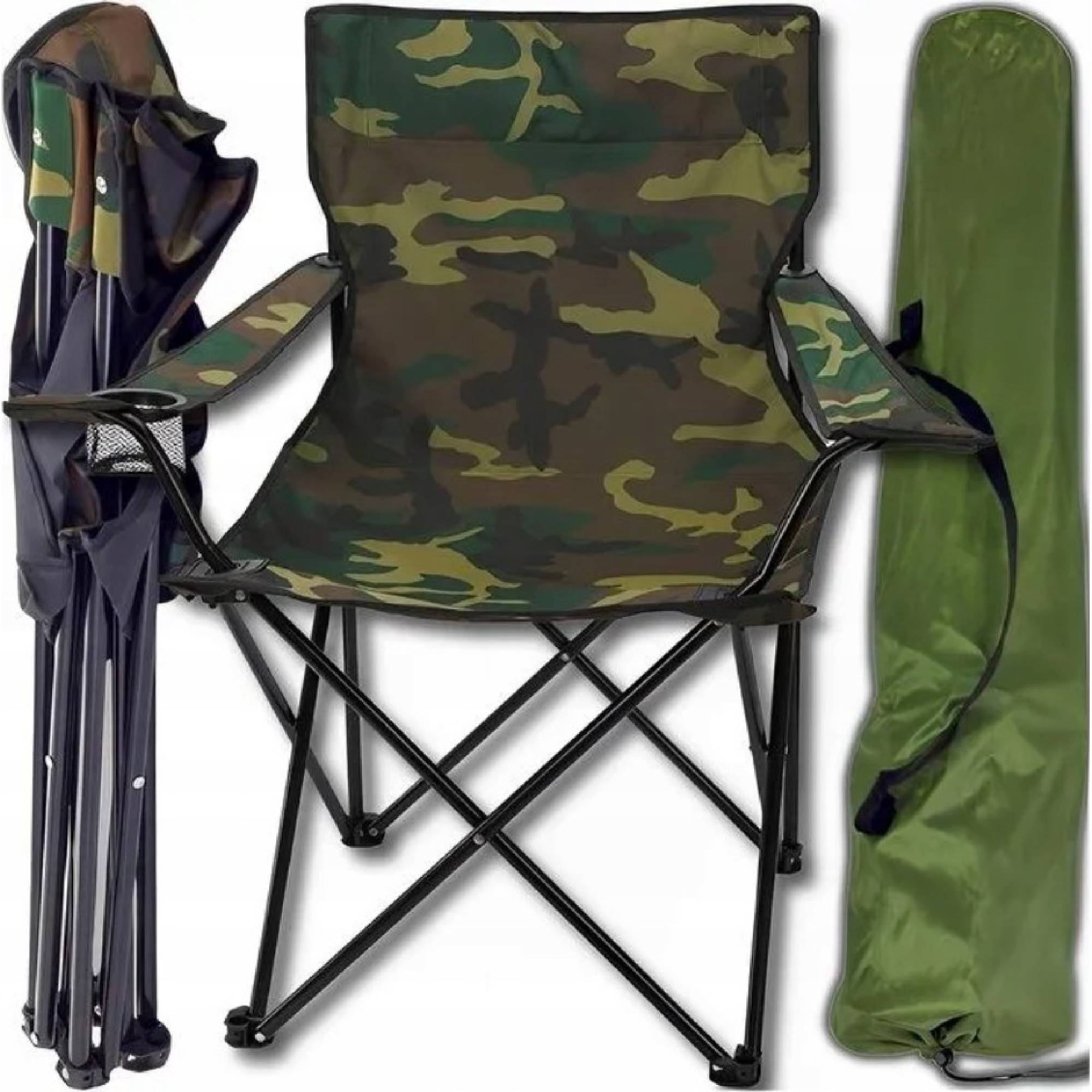 Scaun pliabil de pescuit/camping model camuflaj, Zola, cu suport pahar, cadru metalic, greutate suportata 100Kg, tesatura Oxford, 50 x 50 x 80 cm, husa, verde camuflaj