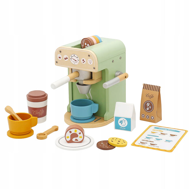 Set de jucarii barista din lemn, Zola, espressor, cesti de cafea, prajiturele, alte accesorii, 12 x 20 x 13.5 cm