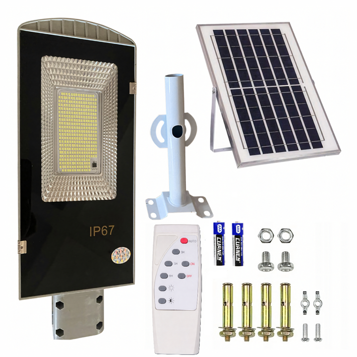 Lampa stradala cu panou solar, UBX,300W, 299 LED, 4200 lm, senzor crepuscul, telecomanda, IP67, unghi 140°, iluminare puternica, 35 x 29 cm