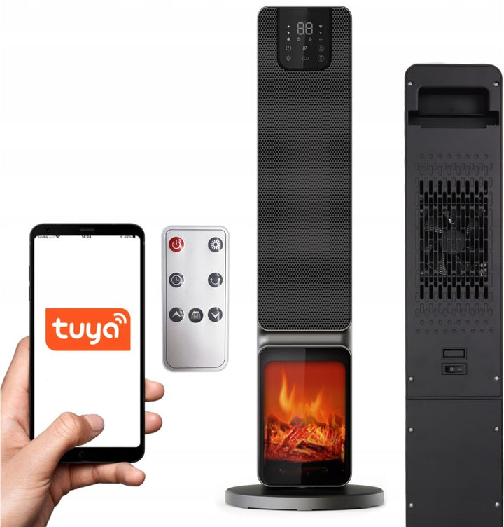 Aeroterma verticala smart WiFi cu efect de semineu, Zola, 2000 W, telecomanda, oscilatie si termostat reglabil, temporizator, 21 x 21 x 66 cm, negru