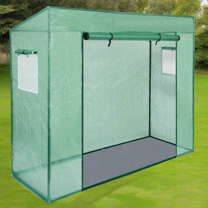 Solar de gradina Zola, 200 x 77 x 168-150 cm, 1.54 m2, 2 ferestre, 1 intrare, inchidere cu fermoar, schelet metalic, polietilena 130g/m2