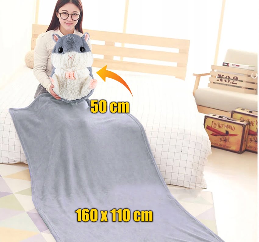 Set jucarie de plus hamster si paturica, Zola, umplutura hipoalergenica, material exterior moale, poliester, 50 x 28 / 160 x 110 cm, gri