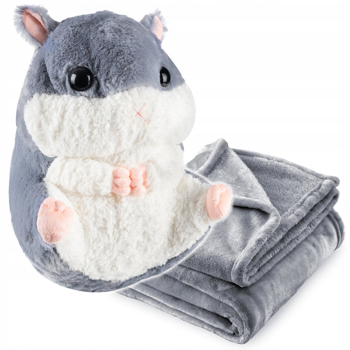 Set jucarie de plus hamster si paturica, Zola, umplutura hipoalergenica, material exterior moale, poliester, 50 x 28 / 160 x 110 cm, gri