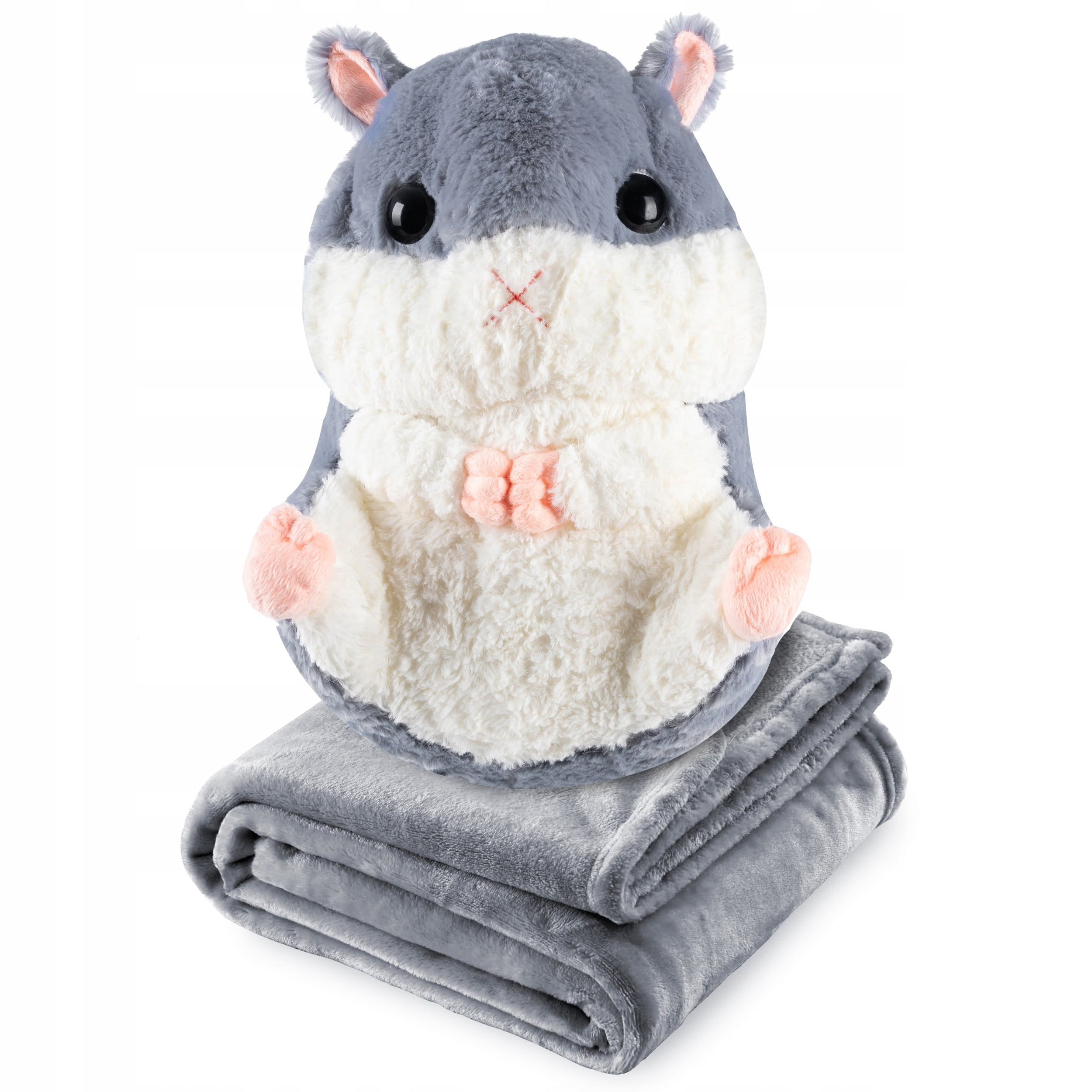 Set jucarie de plus hamster si paturica, Zola, umplutura hipoalergenica, material exterior moale, poliester, 50 x 28 / 160 x 110 cm, gri