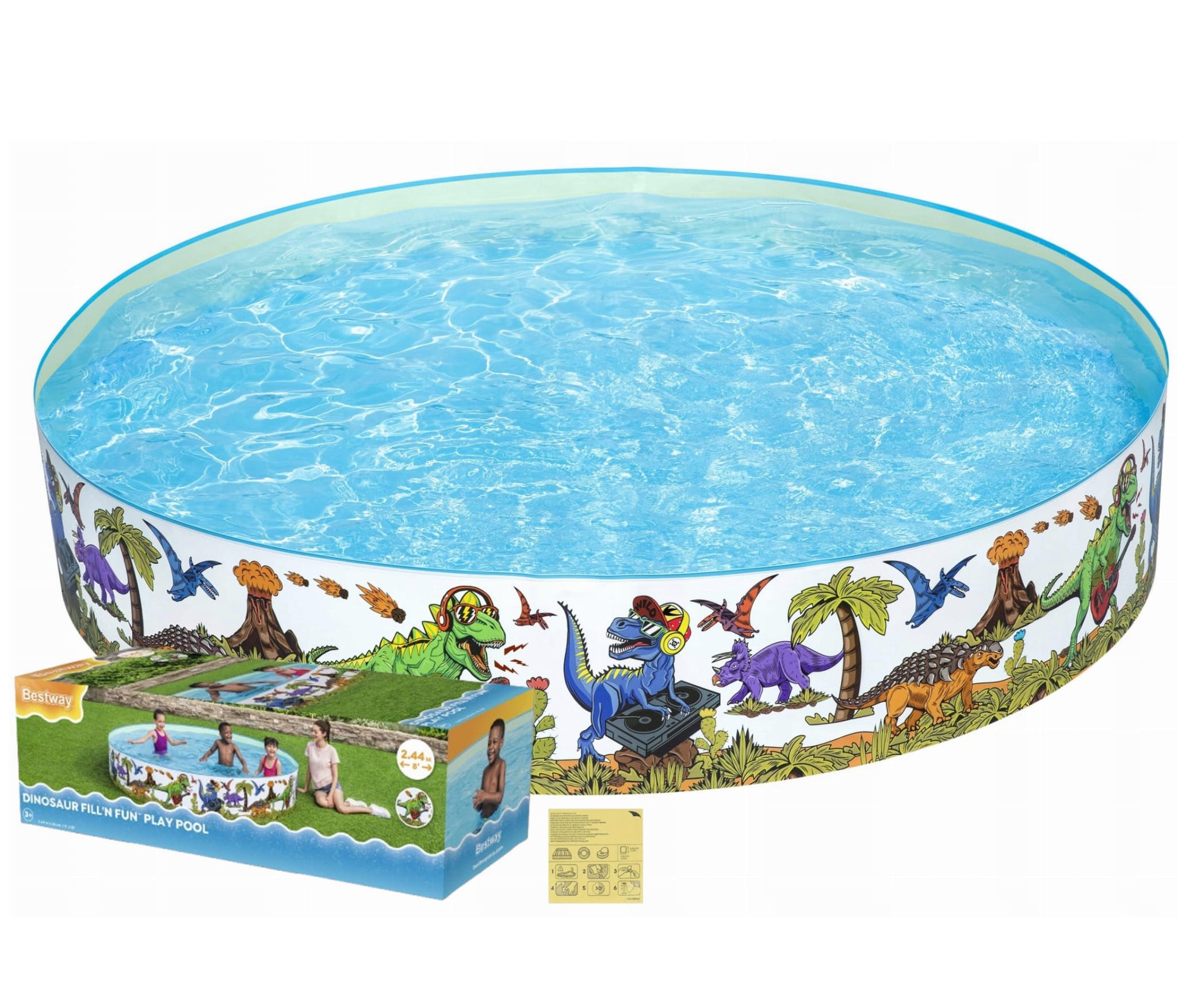 Piscina cu perete rigid model dinozauri muzicieni, Bestway, 1.83 x 0.38 m, perete din PVC, podea de vinil