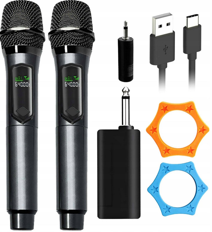 Set 2 microfoane wireless, Zola, pentru karaoke, 2.4 GHz, raza actiune 50 m, receptor jack 6.35, adaptor 3.5 mm, incarcare USB-C, negre