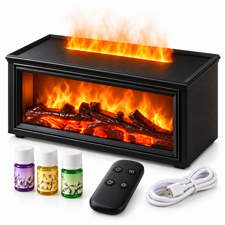 Difuzor aromaterapie efect semineu, Zola, 280 ml, RGB, 3 uleiuri esentiale incluse, telecomanda, temporizator, USB-C, negru