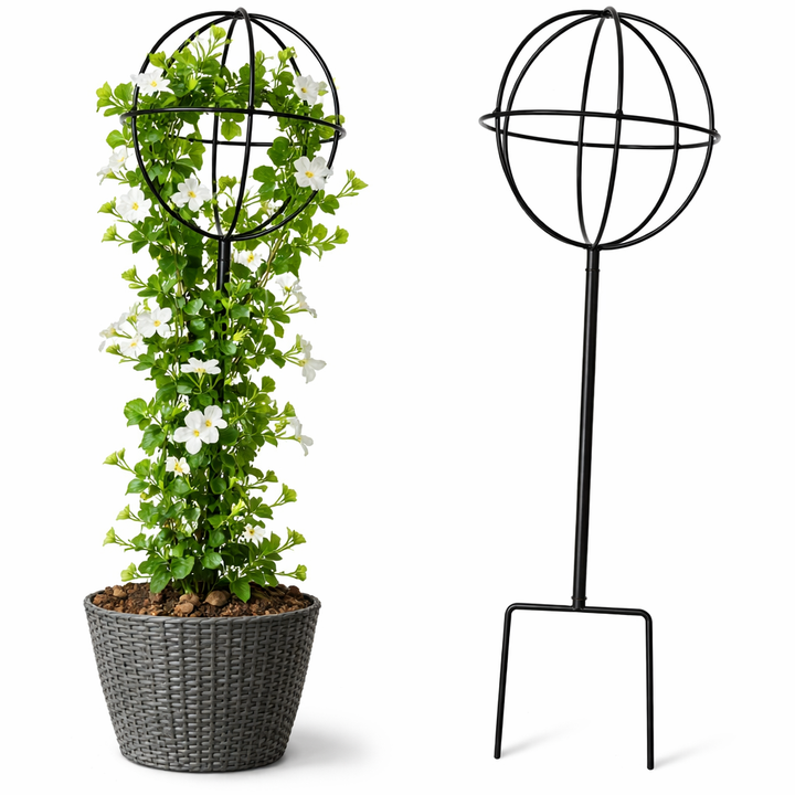 Suport metalic pentru flori si plante cataratoare, Zola, tip sfera, diametru 17 cm, inaltime 50 cm, otel, negru, rezistent la intemperii