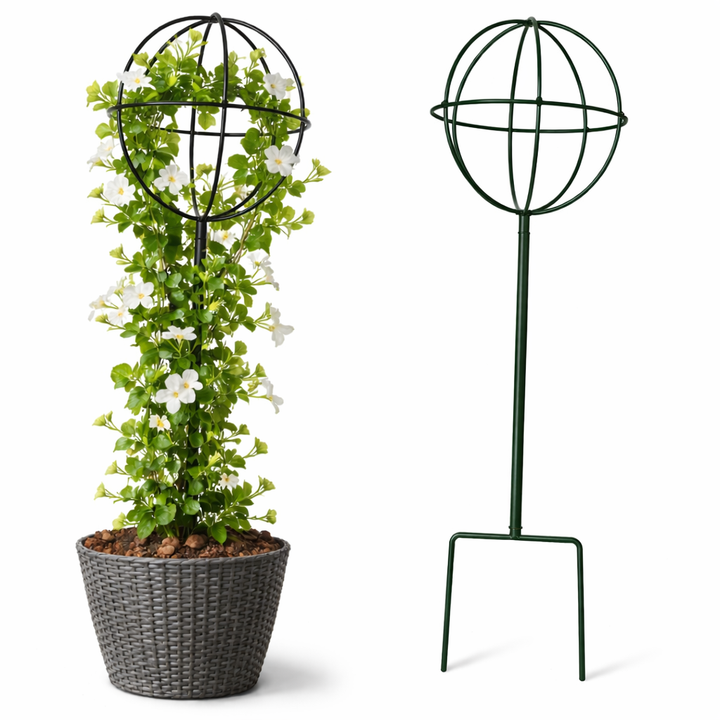 Suport metalic pentru flori si plante cataratoare, Zola, tip sfera, diametru 17 cm, inaltime 50 cm, otel, verde, rezistent la intemperii