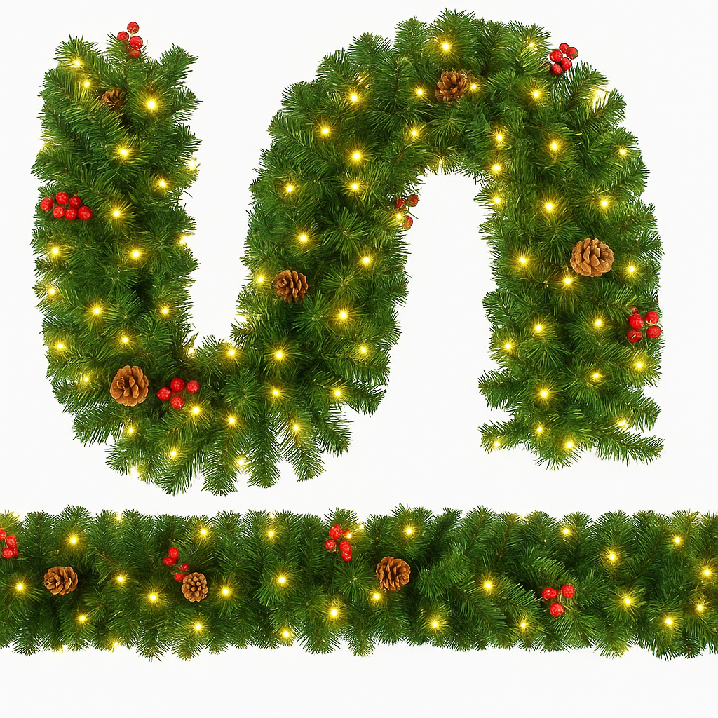 Ghirlanda decorativa de brad cu lumini Led, Zola, pentru Craciun, alb cald, conuri, fructe rosii, 270 x 28 cm