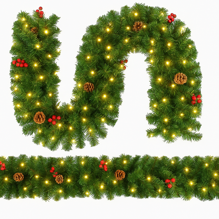 Ghirlanda decorativa de brad cu lumini Led, Zola, pentru Craciun, alb cald, conuri, fructe rosii, 270 x 28 cm