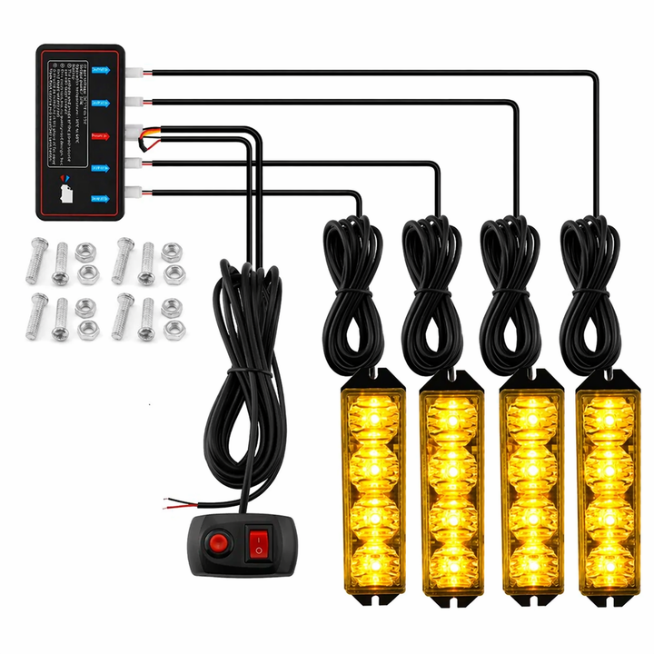 Set 4 lampi stroboscop auto LED, Zola, 12V, 30W, portocaliu, 10 moduri, telecomanda, cablu 190 cm, 10 x 2.1 x 2.8 cm