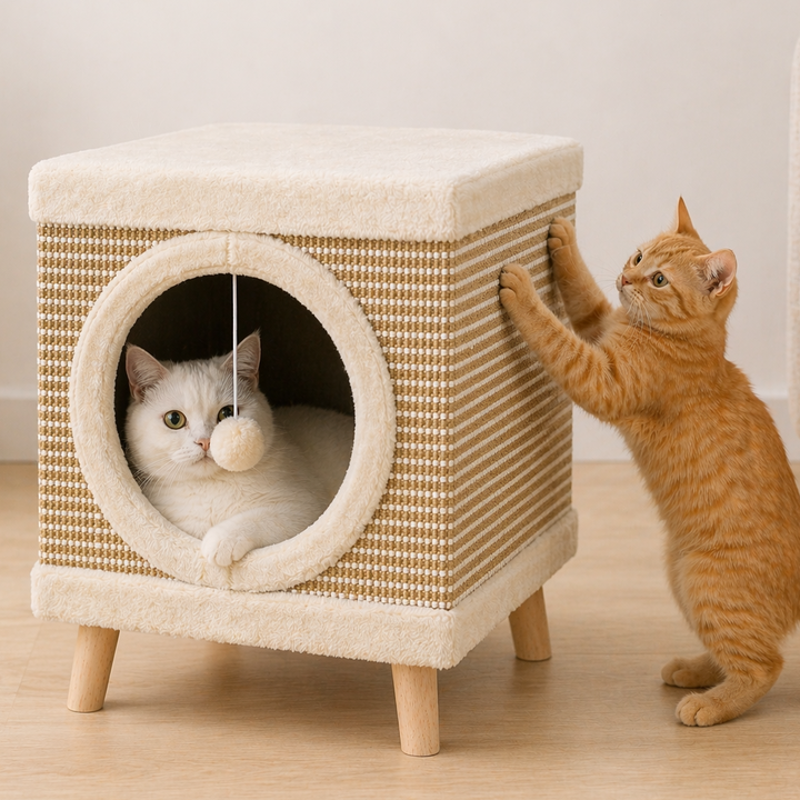 Casuta pentru pisici, Zola, cu sisal, interior moale, jucarie suspendata, picioare din lemn, 31 x 32 x 35 cm, bej