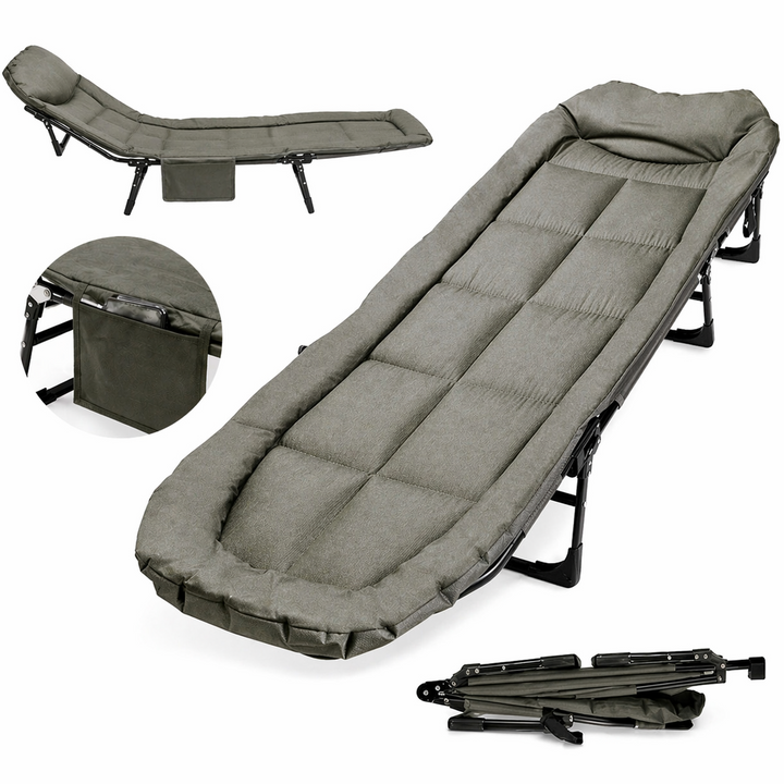 Pat camping pliabil, Zola, spatar reglabil 5 pozitii, 100 kg, structura otel, 190 x 63 x 30 cm, gri/verde