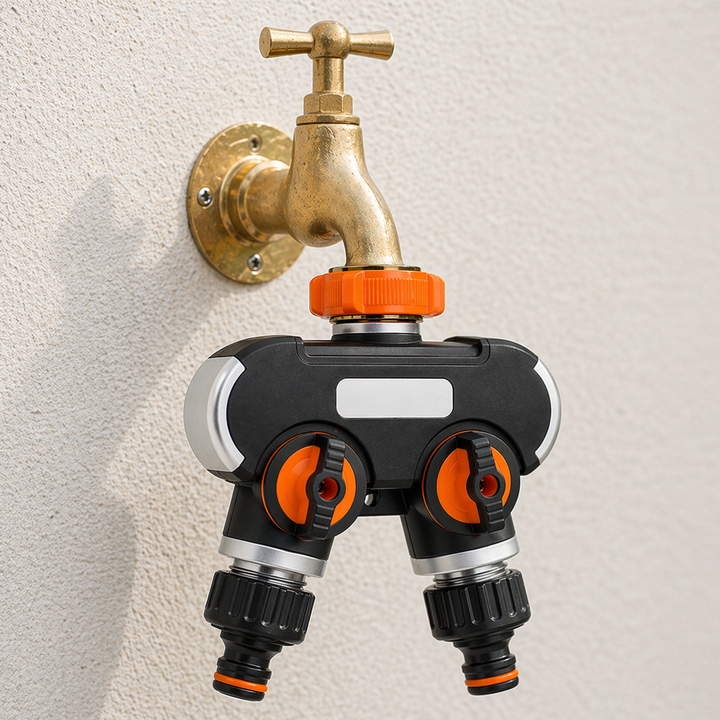 Adaptor robinet 2 cai, Zola, pentru irigatii gradina, reglaj debit, conector 3/4", negru/portocaliu