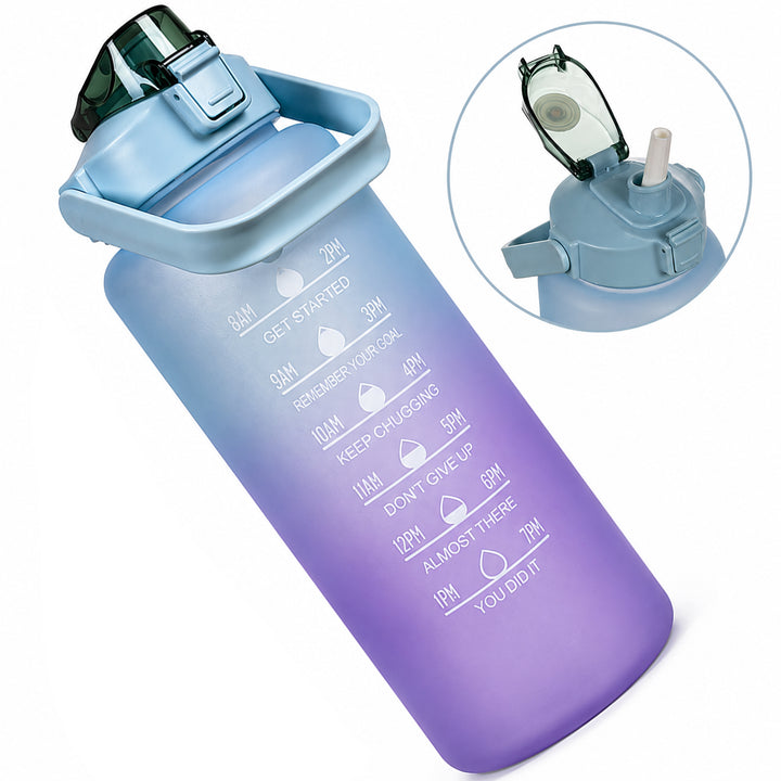 Sticla de apa cu pai, Zola, 2000 ml, marcator de timp, blocare capac, plastic PP, mov/albastru