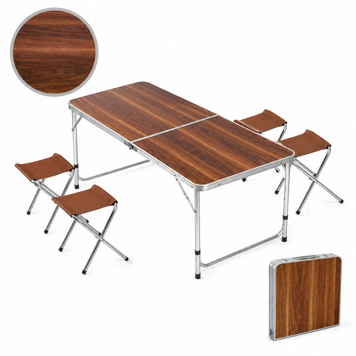 Set masa turistica pliabila si 4 scaune , Zola, pliere tip valiza, picioare antiderapante, cadru de aluminiu, blat MDF, dimenisuni 120 x 60 x 50-55-70 cm, scaun 36 x 31 x 25 cm, maro