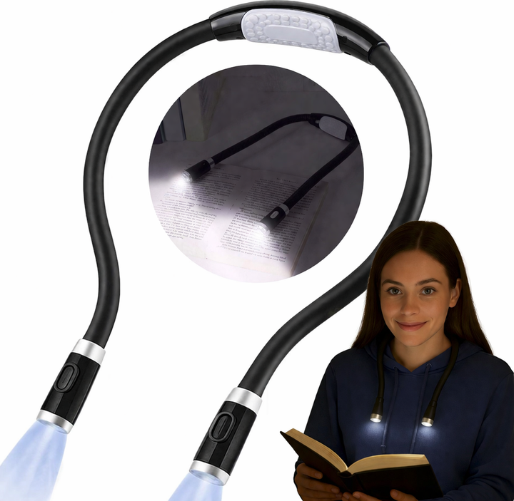Lampa LED pentru lectura, Zola, 2 surse lumina, 3 moduri iluminare, pozitionare pe gat, alimentare baterii, 56 cm, neagra