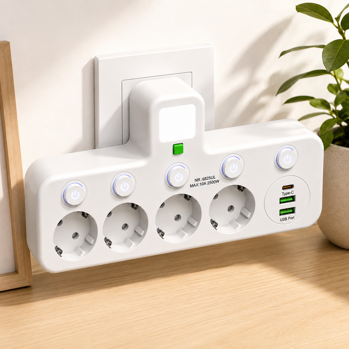 Adaptor priza multipla cu lumina de veghe LED, Zola, 4 prize cu intrerupatoare individuale, 2 x USB-A, USB-C, 2500W, alb