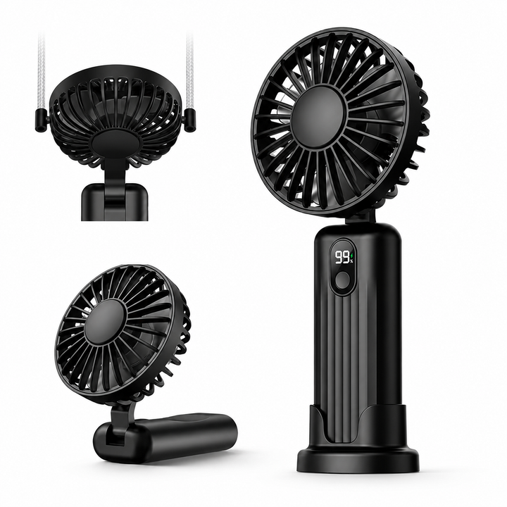 Mini ventilator portabil, Zola, 2400 mAh, 4 viteze, cap rotativ 180°, afisaj LED, USB-C, negru