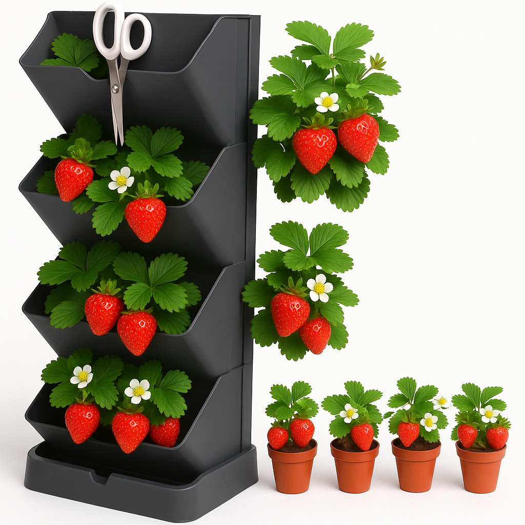 Set 4 ghivece modulare verticale si foarfeca, Zola, pentru plante sau flori,dimensiune totala 47.5 x 18.5 x 11.5 cm, tip cascada, plastic, gri antracit