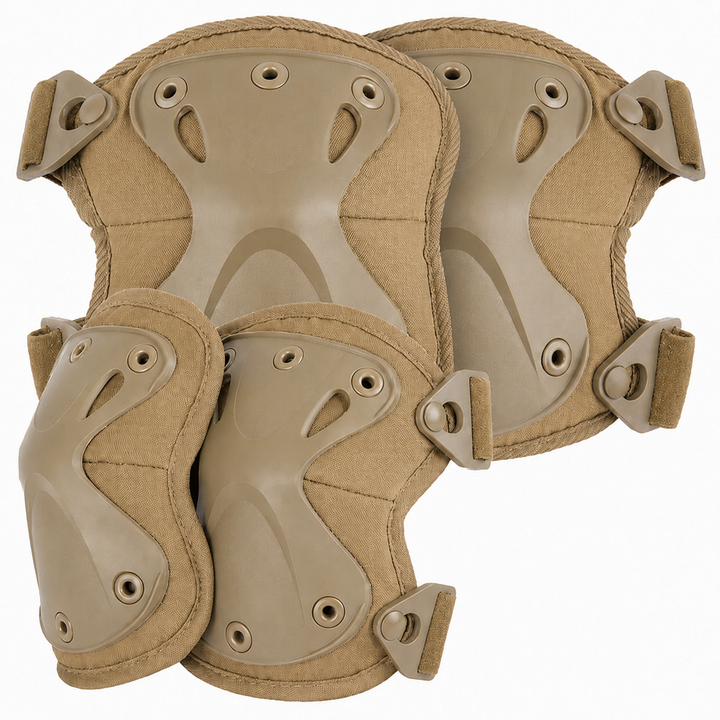 Set genunchiere si cotiere tactice, Zola, protectie airsoft si paintball, policarbonat, benzi elastice, fixare Altalock velcro, nisipiu militar