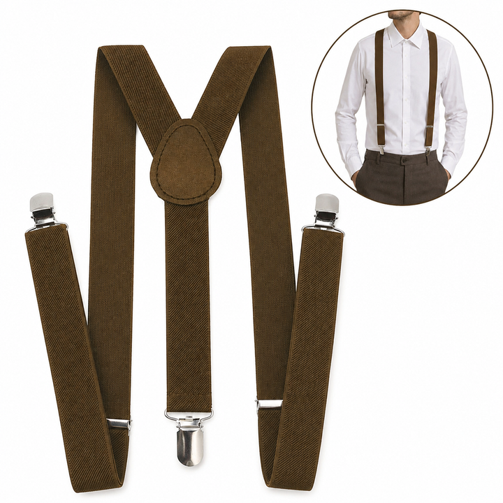 Bretele in Y pentru pantaloni, Zola, unisex, 3 catarame metalice, reglabile 58–100 cm, late 2.5 cm, maro