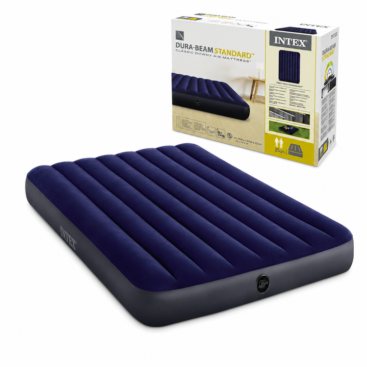 Saltea gonflabila dubla, Intex, Dura-Beam Fiber-Tech, 137 x 191 x 25 cm, suprafata velur, valva 2 in 1, suporta 272 kg, albastru inchis