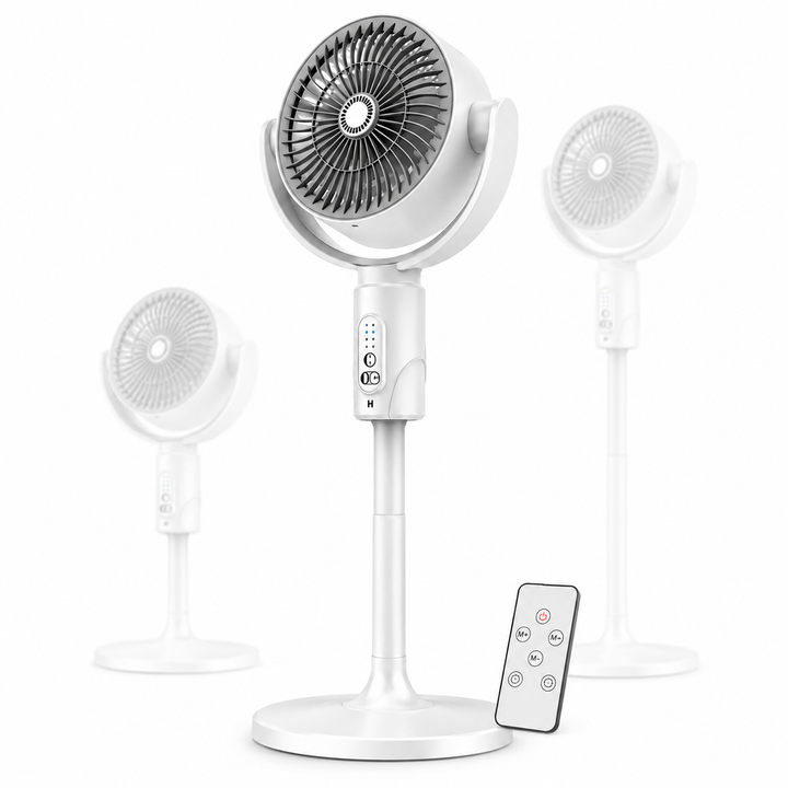 Ventilator 3 in 1 de podea, Zola, wireless, telecomanda, oscilatie automata, 5 niveluri viteza, temporizator 8 trepte, inaltime reglabila 38/60/82 cm, 10W, alb
