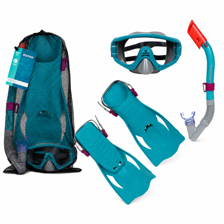 Set snorkeling Bestway, masca, tub si labe inot, protectie UV, marimea 41-46, pentru scufundari si inot