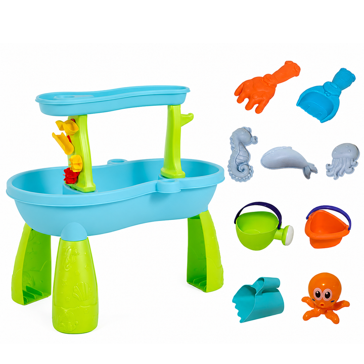 Masuta de joaca 2 in 1 cu apa si nisip, Zola, 18 accesorii, galetusa, stropitoare, forme nisip, pentru gradina si exterior, 62 x 37 x 57 cm