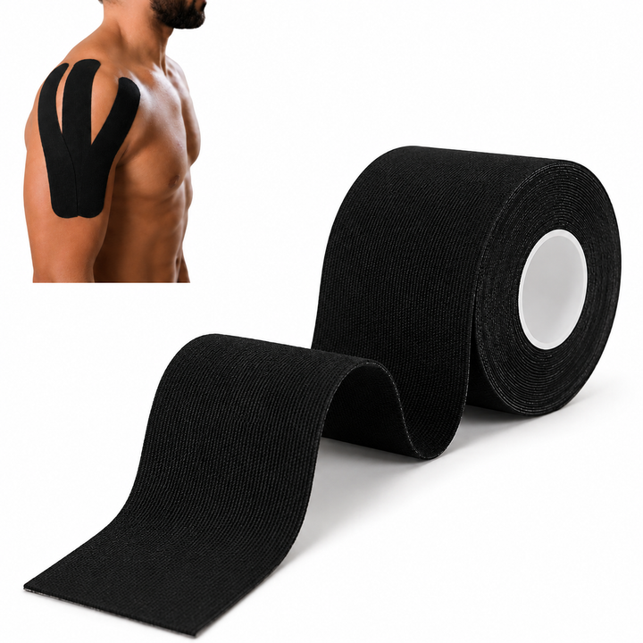 Banda kinesiologica, UBX, 5 cm x 5 m, elastica, hipoalergenica, impermeabila, pentru sport si recuperare, neagra