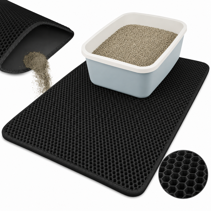 Covoras litiera pisici, Zola, XXL, dublu tip fagure, antiderapant, impermeabil, 75 x 55 cm, negru