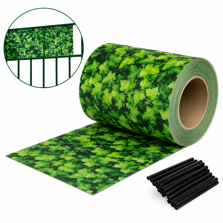 Banda decorativa gard model frunze, Zola, 20 clipsuri incluse, 19 cm x 35 m, PVC 450 g/m2, rezistenta UV, verde