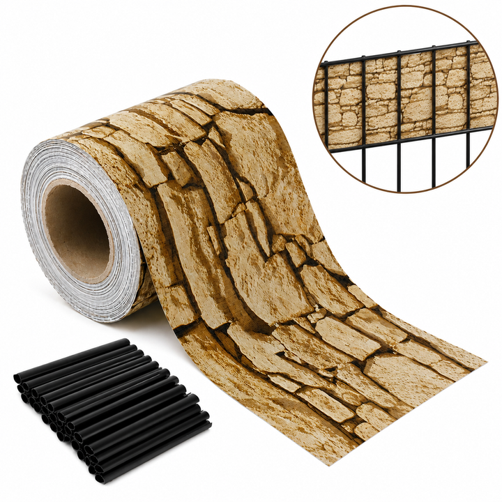 Banda decorativa gard model piatra, Zola, 20 clipsuri incluse, 19 cm x 35 m, PVC 450 g/m2, rezistenta UV, bej