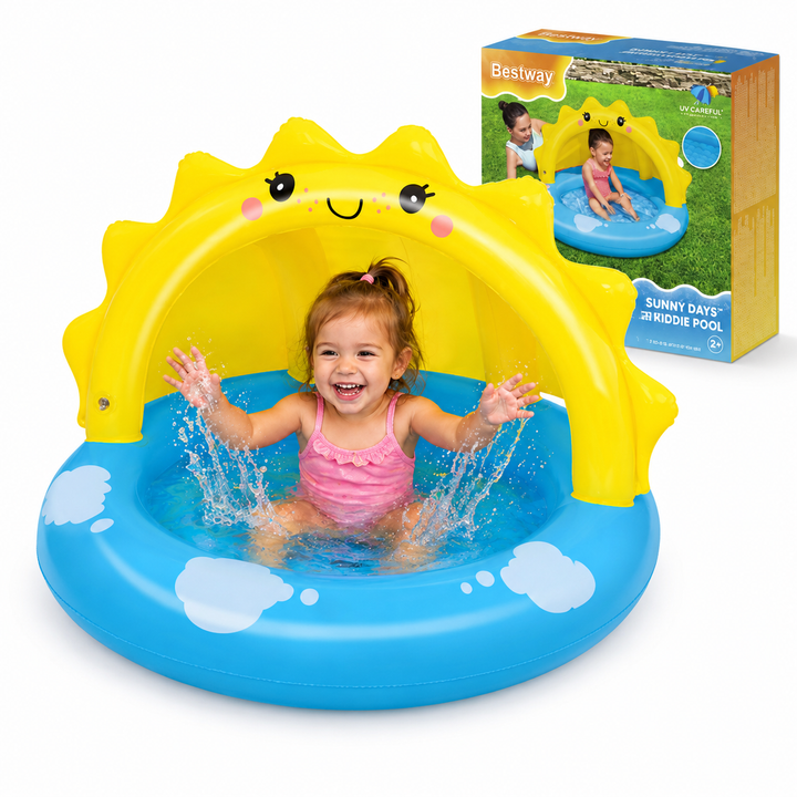 Piscina gonflabila pentru copii, Bestway Sunny Days, cu acoperis, 26 L,  baza moale, 101 x 97 cm, albastru/galben