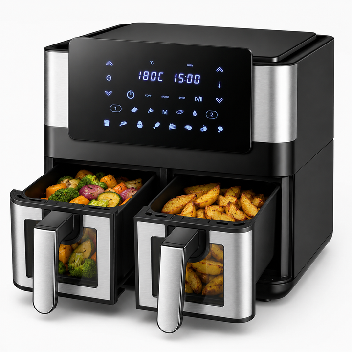 Friteuza Air Fryer cu aer cald, Zola, 8L (2 x 4L), 2000W, 2 compartimente, 12 programe, control touch, afisaj LCD, fereastra vizualizare, iluminare interioara