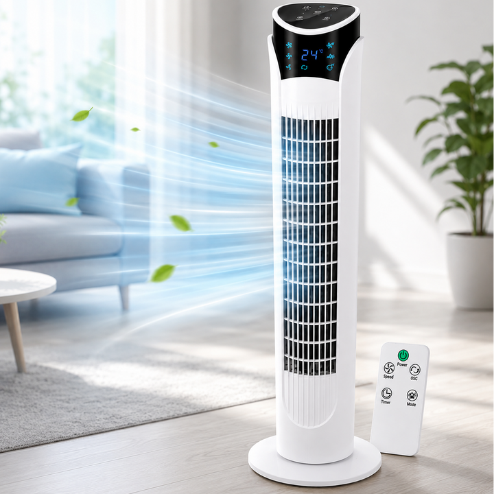 Ventilator turn cu telecomanda, Zola, 45W, oscilatie 70°, 3 moduri functionare, temporizator 12 h, afisaj LED, 83 cm, alb