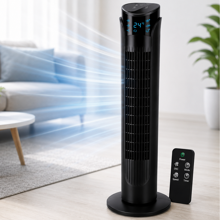 Ventilator turn cu telecomanda, Zola, 45W, oscilatie 70°, 3 moduri functionare, temporizator 12 h, afisaj LED, 83 cm, negru