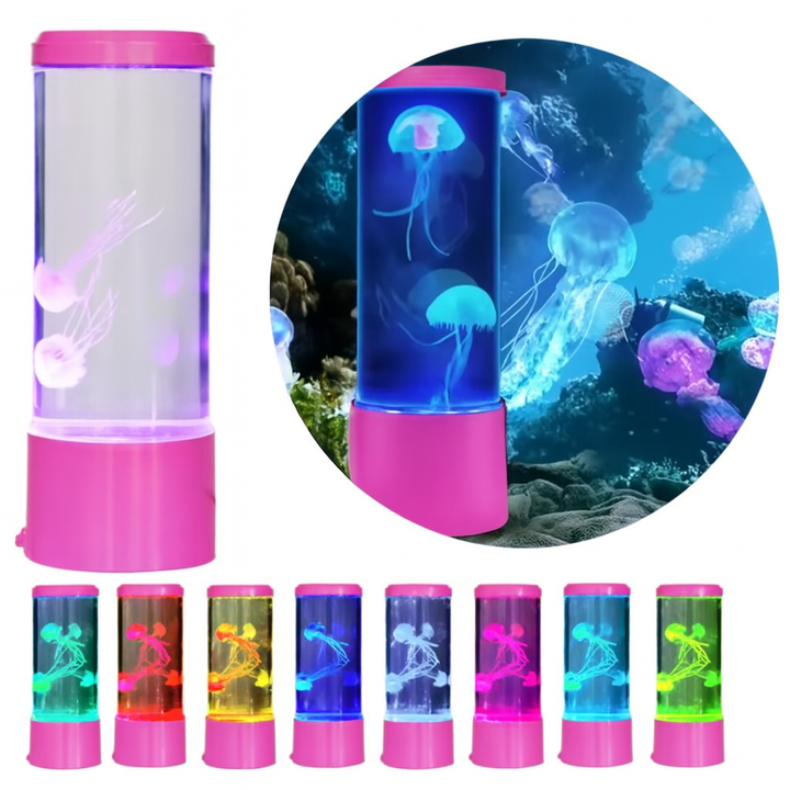 Lampa LED RGB ambientala Jellyfish, Zola, 2 meduze artificiale, efect acvariu, alimentare USB/baterii, 8 × 22 cm, roz