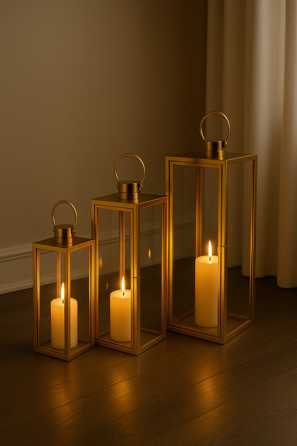Set 3 felinare decorative din sticla, Zola,  dimensiuni diferite 63 / 49 / 38 cm, otel inoxidabil, aurii