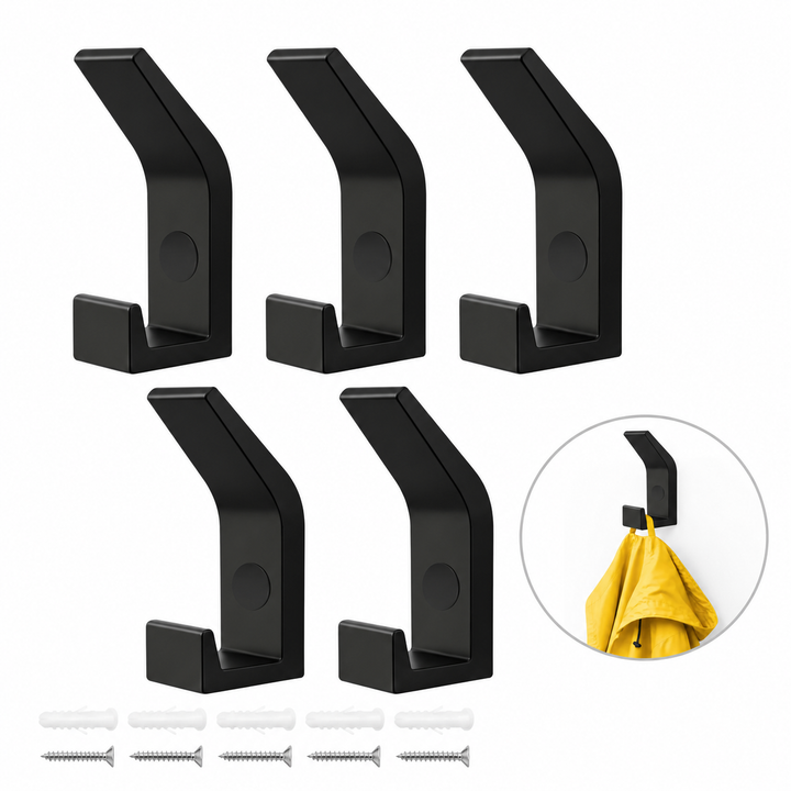 Set 5 carlige de perete, Zola, pentru haine si genti, 7 x 3 x 2 cm, fixare cu suruburi, aliaj de zinc, negru mat