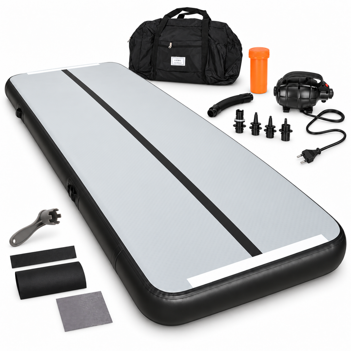 Saltea gonflabila Air Track pentru gimnastica, Zola, 300 x 100 x 10 cm, Drop-Stitch, antiderapanta, pompa electrica 600 W, curele Velcro, geanta, gri