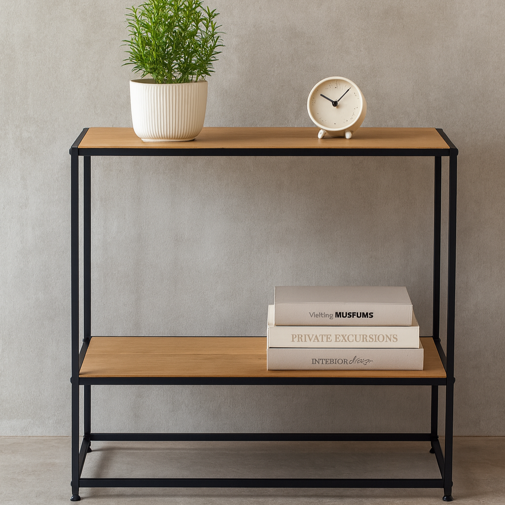 Masuta consola moderna, Zola, 2 rafturi, cadru metalic, PAL, 80 x 36 x 80 cm, stejar natur